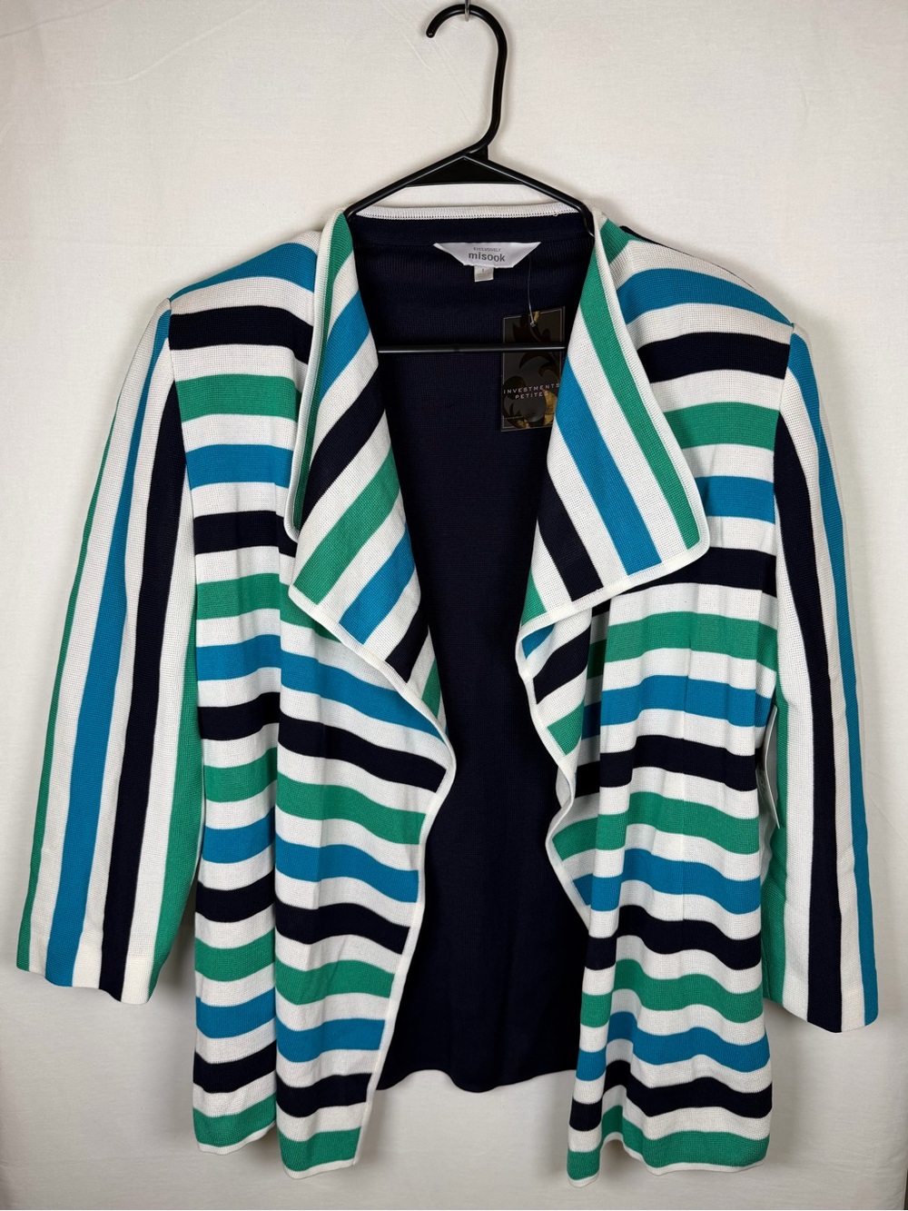 Misook Striped Open-Front Blazer in Teal, Navy & White